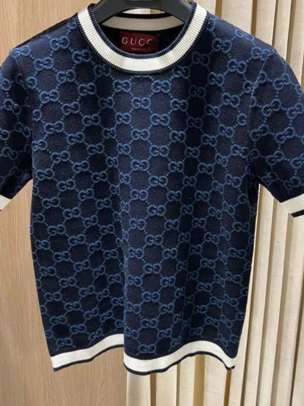 New Gucci GG Logo Monogram Fine Cotton Jacquard Top in Navy S